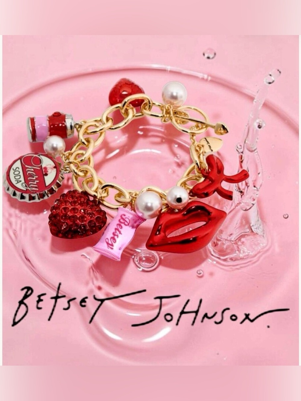 Betsey Johnson Gold Chain Bracelet with Red Enamel Charms and Pearls